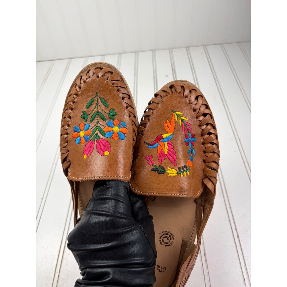 Artisan Mexican Leather Floral Embroidery Comfort Flats Huaraches Women's Size 8 - Picture 8 of 10